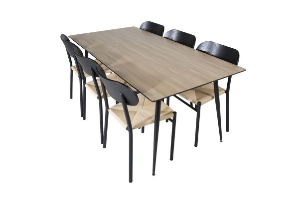 Imagine Masa de dining Silar - 180 cm - "Aspect Lemn" Melamina / Picioare Negre + Scaun de dining Polly - Negru / Natură _6