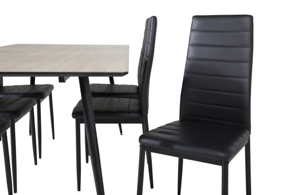 Imagine Masa de dining Silar - 180 cm - "Wood Look" Melamina / Picioare negre + Scaun de dining cu spatar inalt Slim - Picioare negre - Piele neagra_6