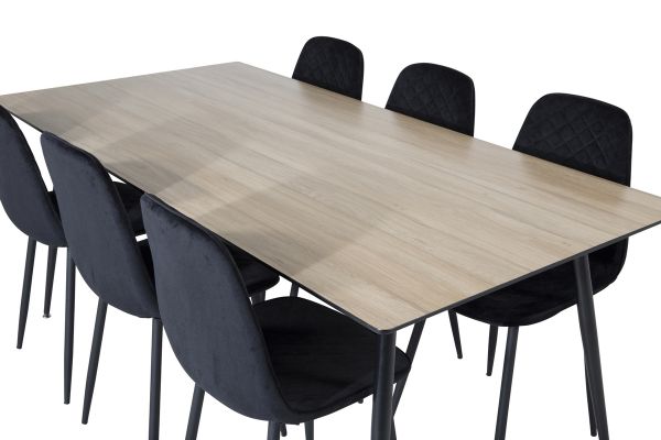 Imagine Masă de dining Silar - 180 cm - "Wood Look" Melamină / Picioare Negre + 6 scaune de dining Diamond - Picioare Negre - Catifea Neagră