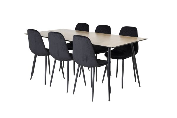 Imagine Masă de dining Silar - 180 cm - "Wood Look" Melamină / Picioare Negre + 6 scaune de dining Diamond - Picioare Negre - Catifea Neagră