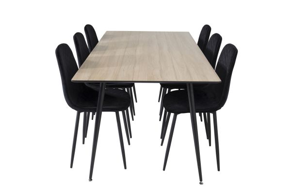 Imagine Masă de dining Silar - 180 cm - "Wood Look" Melamină / Picioare Negre + 6 scaune de dining Diamond - Picioare Negre - Catifea Neagră