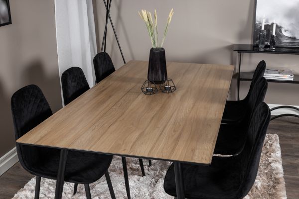 Imagine Masă de dining Silar - 180 cm - "Wood Look" Melamină / Picioare Negre + 6 scaune de dining Diamond - Picioare Negre - Catifea Neagră