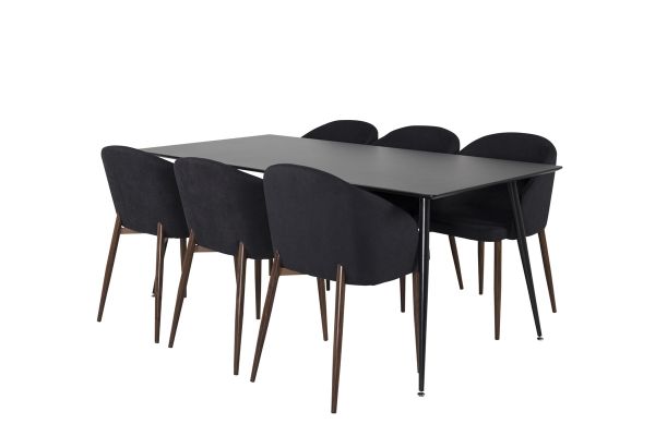 Imagine Masa de dining Silar - 180 cm - Melamina neagră / Picioare negre + Scaune de dining Arch - Picioare de nuc - Material negru_6