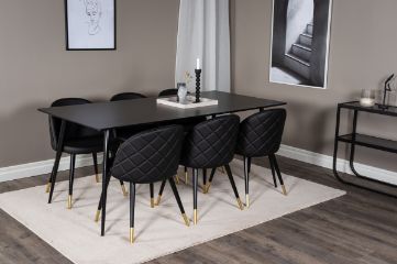 Imagine Masa de dining Silar - 180 cm - Melamină neagră / Picioare negre + Scaun de dining din catifea cu cusături - PU - Negru / Negru_6