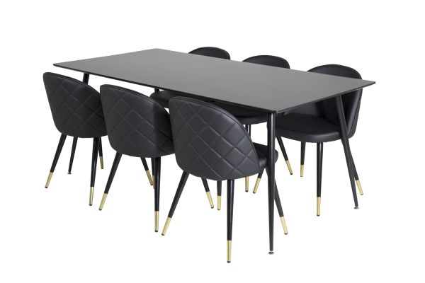 Imagine Masa de dining Silar - 180 cm - Melamină neagră / Picioare negre + Scaun de dining din catifea cu cusături - PU - Negru / Negru_6