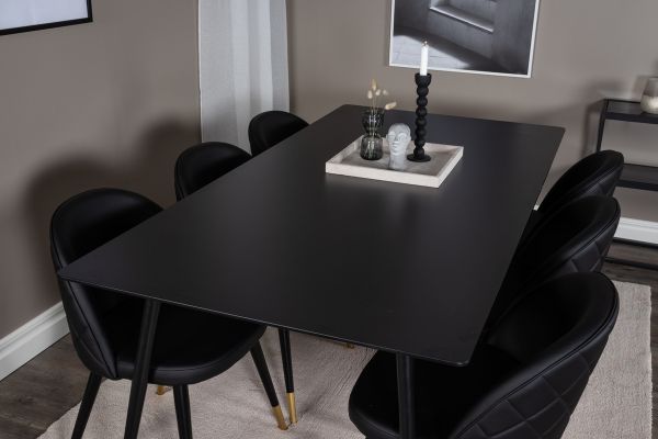 Imagine Masa de dining Silar - 180 cm - Melamină neagră / Picioare negre + Scaun de dining din catifea cu cusături - PU - Negru / Negru_6