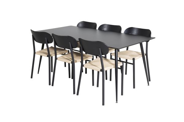 Imagine Masa de dining Silar - 180 cm - Melamina neagră / Picioare negre + Scaun de dining Polly - Negru / Natură _6