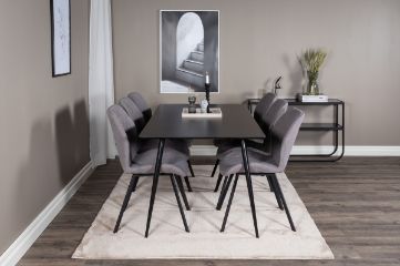 Imagine Masa de dining Silar - 180 cm - Melamina neagra / Picioare negre + Scaun de dining Gemma - Picioare negre - Material gri_6