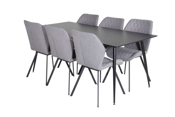 Imagine Masa de dining Silar - 180 cm - Melamina neagra / Picioare negre + Scaun de dining Gemma - Picioare negre - Material gri_6