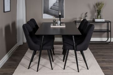 Imagine Masa de dining Silar - 180 cm - Melamină neagră / Picioare negre + Scaun de dining de lux din catifea - Picioare negre - Material negru_6