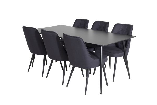 Imagine Masa de dining Silar - 180 cm - Melamină neagră / Picioare negre + Scaun de dining de lux din catifea - Picioare negre - Material negru_6