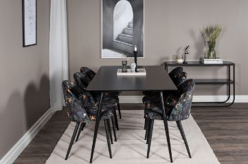 Imagine Masa de dining Silar - 180 cm - Melamină neagră / Picioare negre + Scaun de dining Velvet - Țesătură neagră cu flori_6