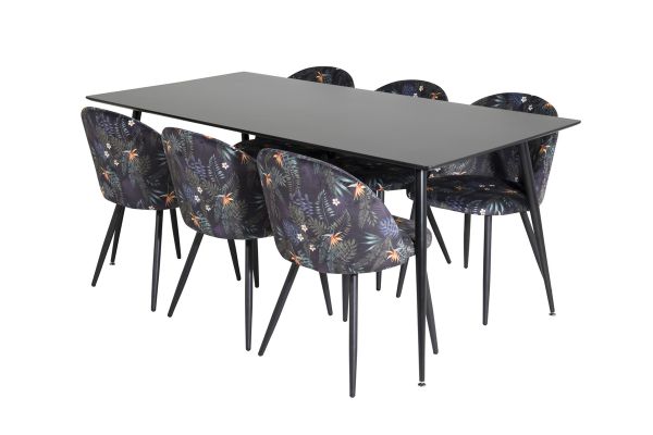 Imagine Masa de dining Silar - 180 cm - Melamină neagră / Picioare negre + Scaun de dining Velvet - Țesătură neagră cu flori_6