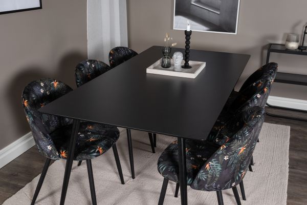 Imagine Masa de dining Silar - 180 cm - Melamină neagră / Picioare negre + Scaun de dining Velvet - Țesătură neagră cu flori_6