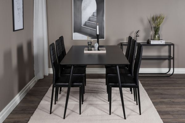 Imagine Masa de dining Silar - 180 cm - Melamina neagră / Picioare negre + Scaun de dining cu spătar înalt subțire - Picioare negre - PU negru_6