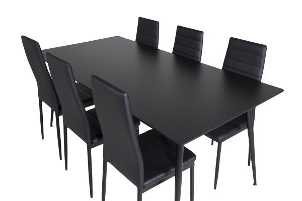 Imagine Masa de dining Silar - 180 cm - Melamina neagră / Picioare negre + Scaun de dining cu spătar înalt subțire - Picioare negre - PU negru_6