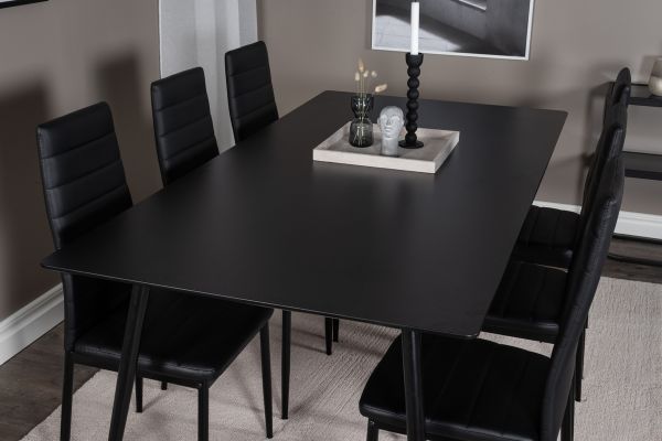 Imagine Masa de dining Silar - 180 cm - Melamina neagră / Picioare negre + Scaun de dining cu spătar înalt subțire - Picioare negre - PU negru_6