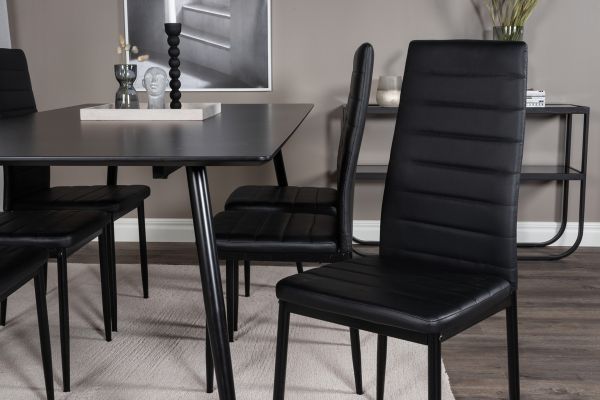 Imagine Masa de dining Silar - 180 cm - Melamina neagră / Picioare negre + Scaun de dining cu spătar înalt subțire - Picioare negre - PU negru_6