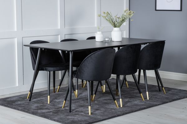 Imagine Vă rugăm să traduceți complet Tabel de dining Silar - 180 cm - Melamină neagră / picioare negre + scaun de dining din catifea, culoare alamă - negru / negru_6