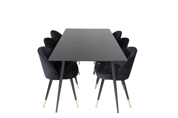 Imagine Vă rugăm să traduceți complet Tabel de dining Silar - 180 cm - Melamină neagră / picioare negre + scaun de dining din catifea, culoare alamă - negru / negru_6