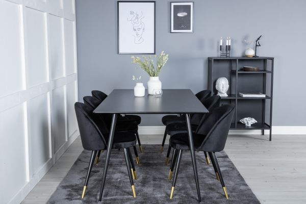 Imagine Vă rugăm să traduceți complet Tabel de dining Silar - 180 cm - Melamină neagră / picioare negre + scaun de dining din catifea, culoare alamă - negru / negru_6