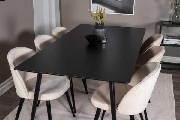 Imagine Masa de dining Silar - 180 cm - Melamină neagră / Picioare negre + Scaun de dining Velvet - Bej / Negru_6