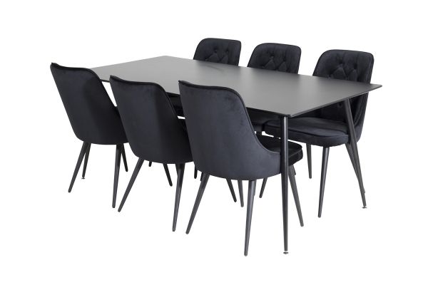 Imagine Masa de dining Silar - 180 cm - Melamină neagră / Picioare negre + Scaun de dining Velvet Deluxe - Negru / Negru_6