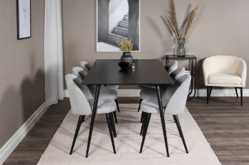 Imagine Masa de dining Silar - 180 cm - Melamină neagră / Picioare negre + Scaun de dining din catifea Corduroy - Gri deschis / Negru_6