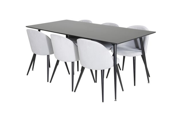 Imagine Masa de dining Silar - 180 cm - Melamină neagră / Picioare negre + Scaun de dining din catifea Corduroy - Gri deschis / Negru_6