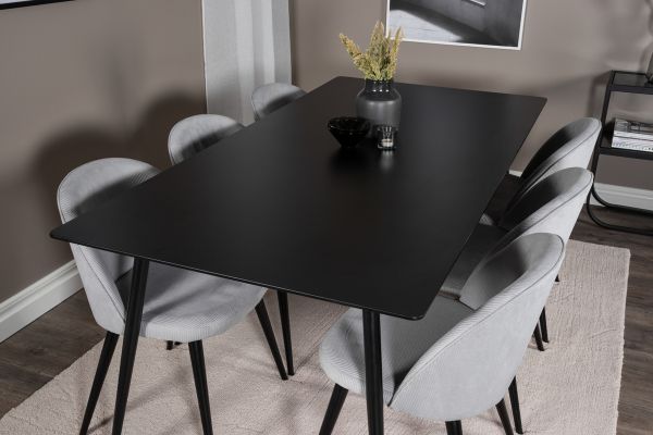 Imagine Masa de dining Silar - 180 cm - Melamină neagră / Picioare negre + Scaun de dining din catifea Corduroy - Gri deschis / Negru_6