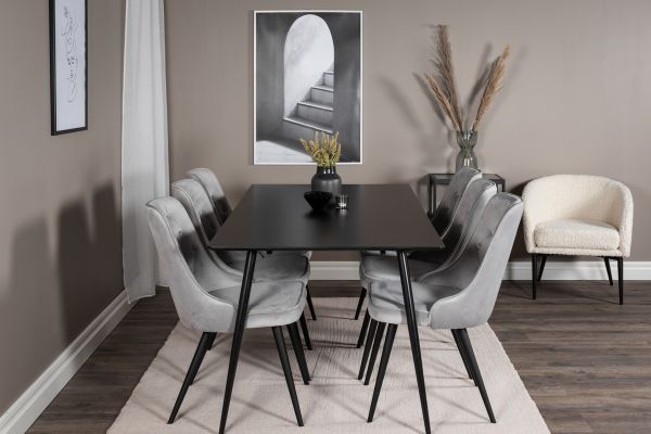 Imagine Masa de dining Silar - 180 cm - Melamina neagră / Picioare negre+ Scaun de dining Velvet Deluxe - Gri deschis / Negru_6