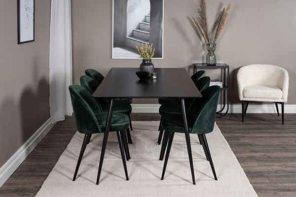 Imagine Masa de dining Silar - 180 cm - Melamină neagră / Picioare negre+Scaun de dining Velvet - Verde / Negru_6