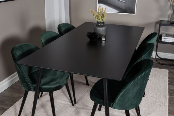 Imagine Masa de dining Silar - 180 cm - Melamină neagră / Picioare negre+Scaun de dining Velvet - Verde / Negru_6