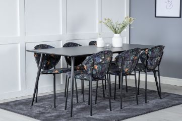 Imagine Vă rugăm să traduceți complet Tabelul de dining Silar - 180 cm - Melamină neagră / Picioare negre + Scaunul de dining Vault - Picioare negre - Țesătură neagră cu imprimeu floral_6