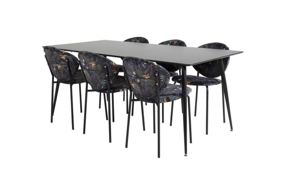 Imagine Vă rugăm să traduceți complet Tabelul de dining Silar - 180 cm - Melamină neagră / Picioare negre + Scaunul de dining Vault - Picioare negre - Țesătură neagră cu imprimeu floral_6