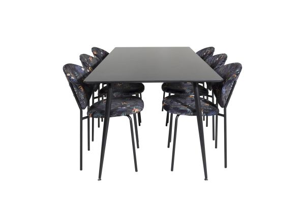 Imagine Vă rugăm să traduceți complet Tabelul de dining Silar - 180 cm - Melamină neagră / Picioare negre + Scaunul de dining Vault - Picioare negre - Țesătură neagră cu imprimeu floral_6