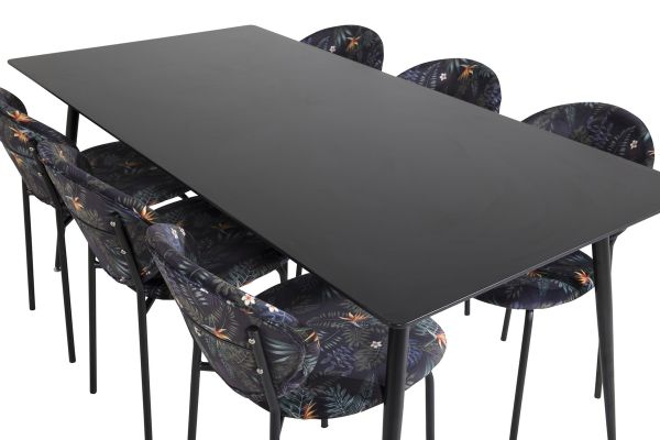 Imagine Vă rugăm să traduceți complet Tabelul de dining Silar - 180 cm - Melamină neagră / Picioare negre + Scaunul de dining Vault - Picioare negre - Țesătură neagră cu imprimeu floral_6