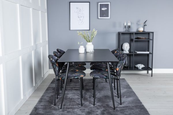 Imagine Vă rugăm să traduceți complet Tabelul de dining Silar - 180 cm - Melamină neagră / Picioare negre + Scaunul de dining Vault - Picioare negre - Țesătură neagră cu imprimeu floral_6