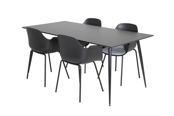 Imagine Masă de dining Silar - 180 cm - Melamină neagră / Picioare negre + Scaun de dining din plastic Comfort - Picioare negre - Plastic negru_4