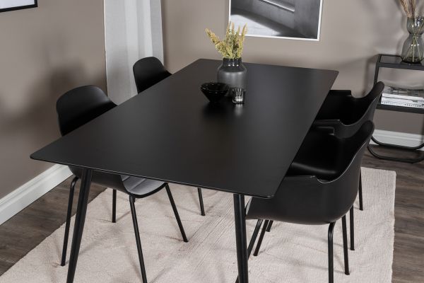 Imagine Masă de dining Silar - 180 cm - Melamină neagră / Picioare negre + Scaun de dining din plastic Comfort - Picioare negre - Plastic negru_4