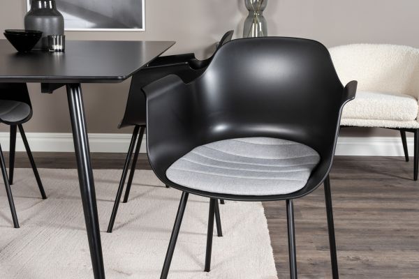 Imagine Masă de dining Silar - 180 cm - Melamină neagră / Picioare negre + Scaun de dining din plastic Comfort - Picioare negre - Plastic negru_4