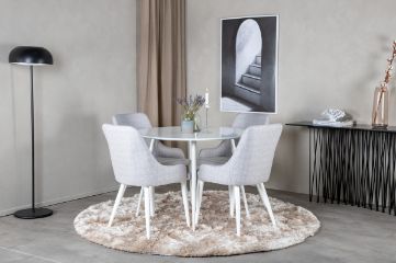 Imagine Te rog să traduci complet:
Masa Plaza Round Table 100 cm - Blată alb / Picioare albe + Scaun de dining Plaza - Picioare albe - Material gri deschis_4