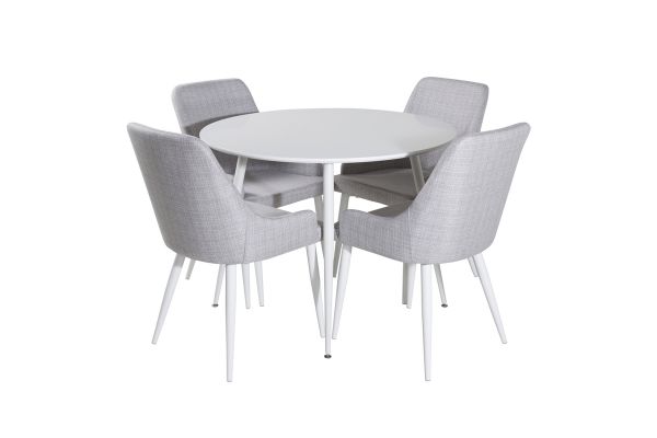 Imagine Te rog să traduci complet:
Masa Plaza Round Table 100 cm - Blată alb / Picioare albe + Scaun de dining Plaza - Picioare albe - Material gri deschis_4