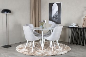 Imagine Plaza Round Table 100 cm - Blat alb / Picioare albe + Scaun de lux din catifea - Picioare albe - Material gri deschis_4