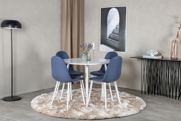 Imagine Plaza Round Table 100 cm - White top / White Legs+Polar Dining Chair - White Legs - Blue Fabric_4