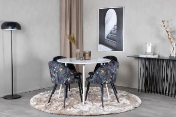 Imagine Placa Masa Rotunda 100 cm - Blat alb / Picioare albe + Scaun de dining Velvet - Țesătură cu floare neagră_4