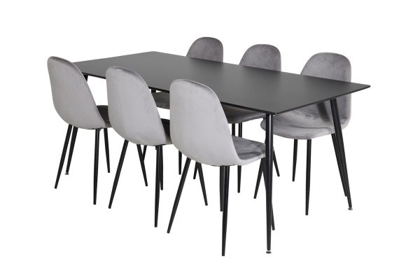 Imagine Masa de dining Silar - 180 cm - Melamină neagră / Picioare negre + Scaun de dining Polar - Picioare negre / Catifea gri deschis (înlocuiește 19902-885)