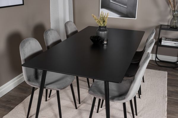 Imagine Masa de dining Silar - 180 cm - Melamină neagră / Picioare negre + Scaun de dining Polar - Picioare negre / Catifea gri deschis (înlocuiește 19902-885)