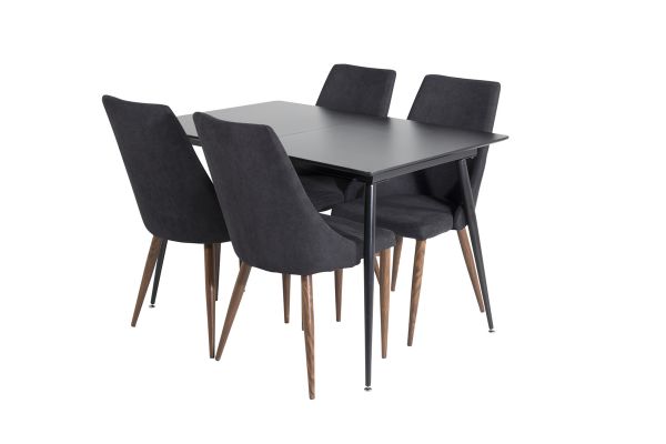 Imagine Masa extensibilă Silar - Melamină neagră / Picioare negre + Scaun de dining Leone - Picioare de nuc - Material negru_4