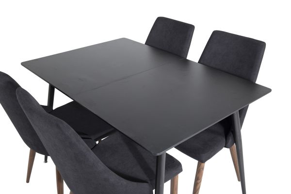 Imagine Masa extensibilă Silar - Melamină neagră / Picioare negre + Scaun de dining Leone - Picioare de nuc - Material negru_4